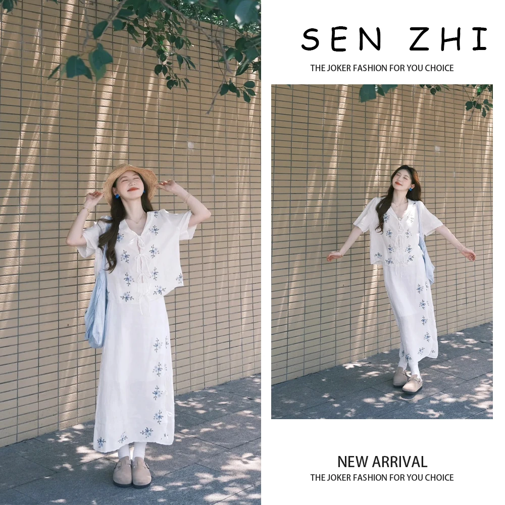 大码气质套装法式刺绣上衣半裙两件套女胖mm夏季超好看穿搭一整套