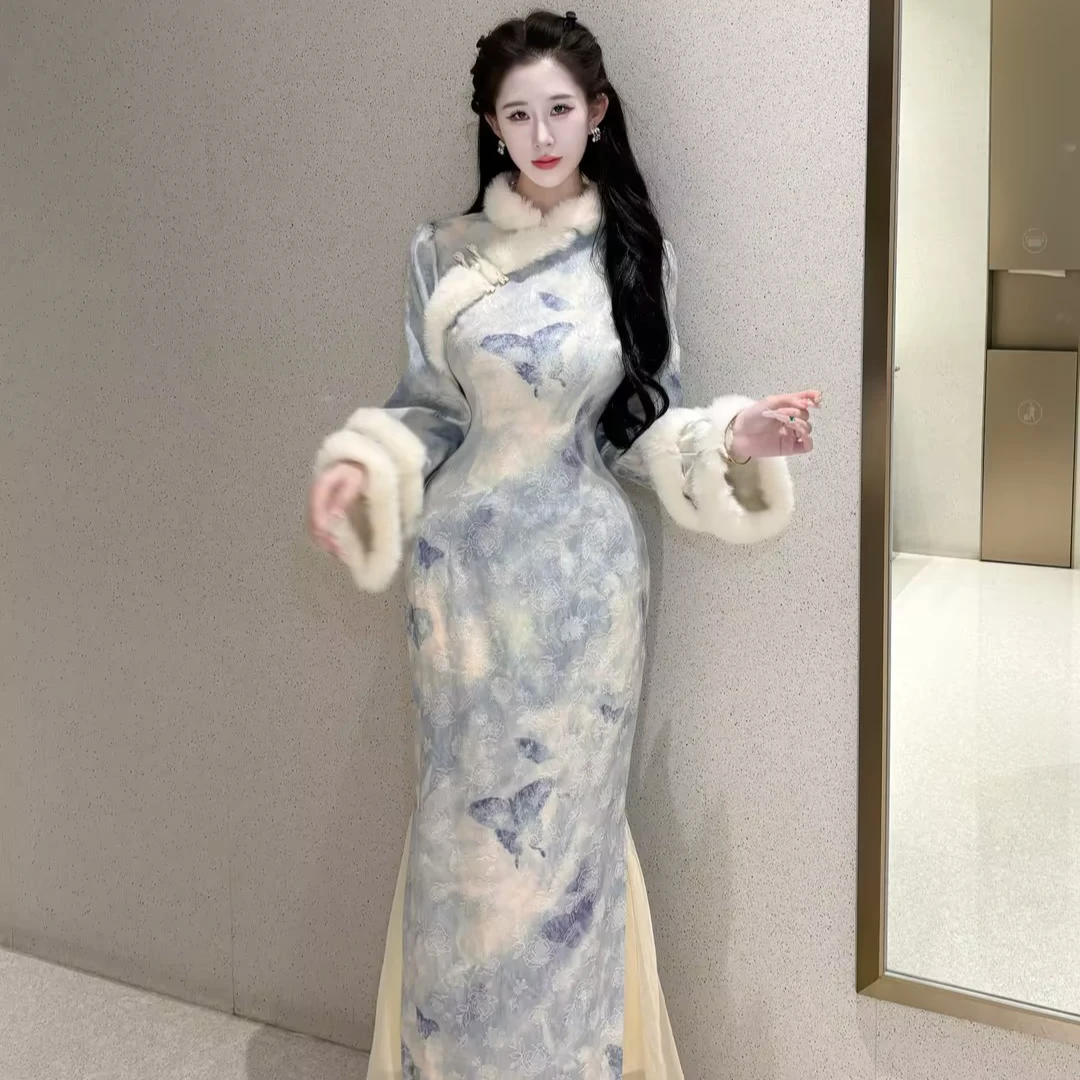 画报夫人原创自制厚款金线蕾丝温柔兔毛旗袍 蓝芬蝴蝶加绒