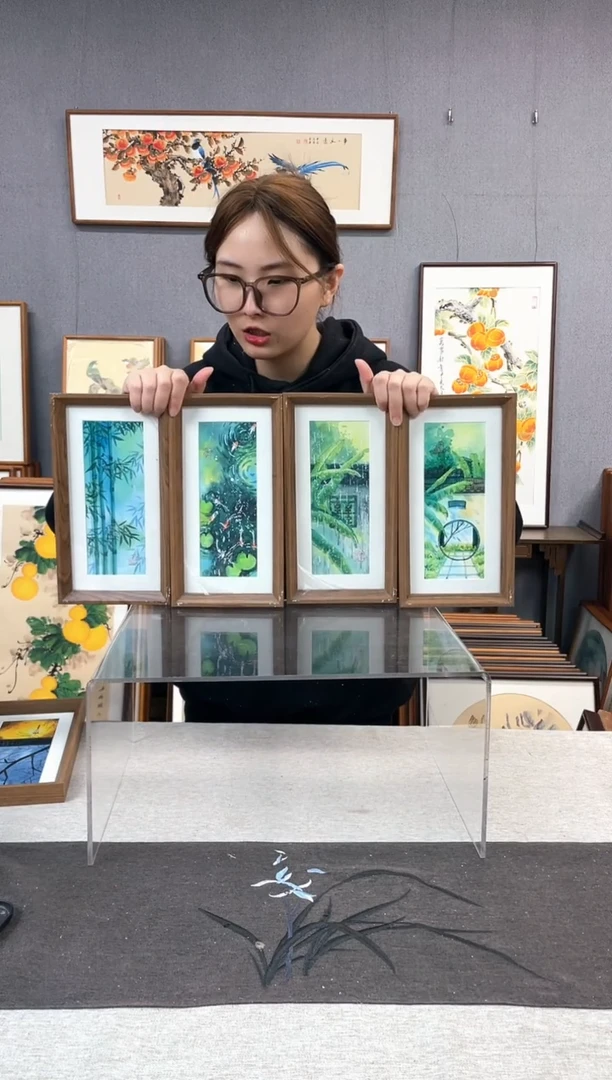 【闪购商品】国画手写手绘带框作品-16*29-四个一套