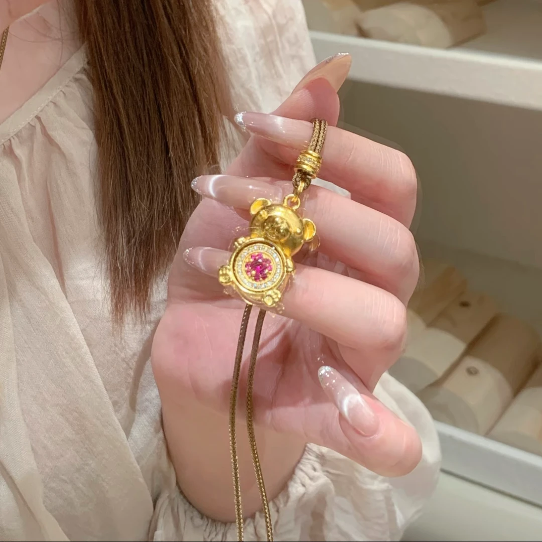 非金属布艺项链 新中式国潮风粉色可旋转小熊吊坠萌宠项链编绳