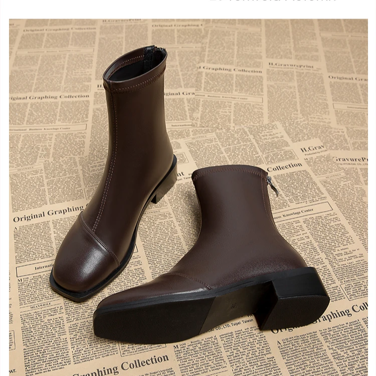 2025早秋瘦瘦靴单靴低跟马丁靴秋冬款女鞋韩系方头显瘦短靴女春秋