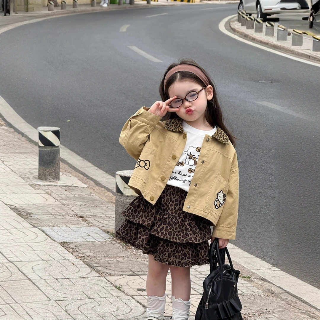 女童早秋季新款翻领夹克外套KT猫印花长袖时尚炸街豹纹裙韩版套装