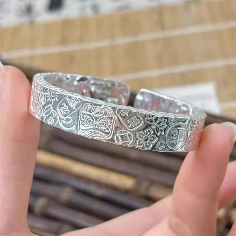 非遗錾刻醒狮纳福手镯 复古国潮吉祥福字铜钱花纹手镯约50g