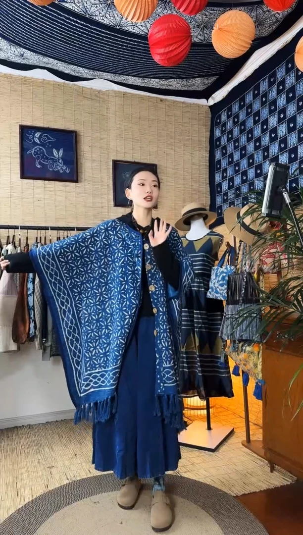 【闪购商品】设计师款蓝染流苏斗篷153
