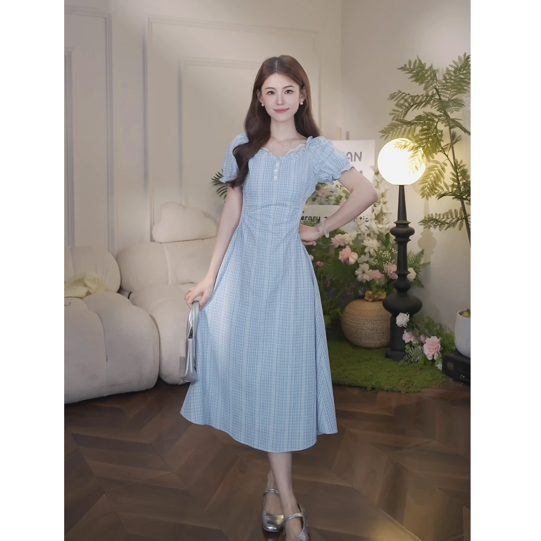 鹿向南【蓝格翩语】夏季新款淡蓝色格子女甜美温柔长款连衣裙