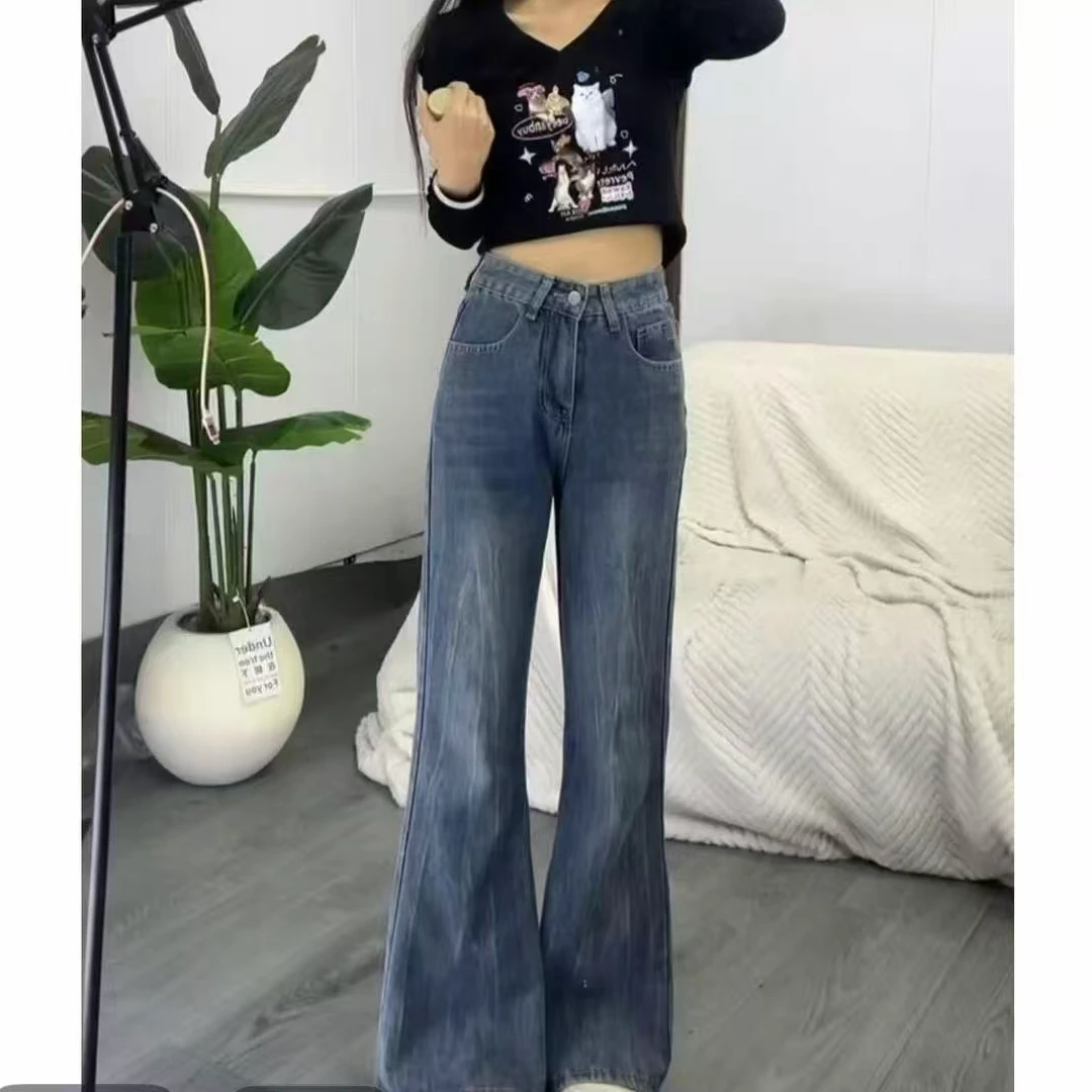 美式复古不贴腿微喇叭无弹牛仔裤女高腰辣妹风牛仔裤女长裤