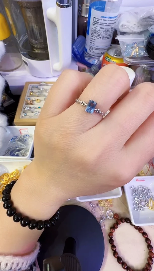 银S925镶嵌戒圈海蓝宝石楠*邶1