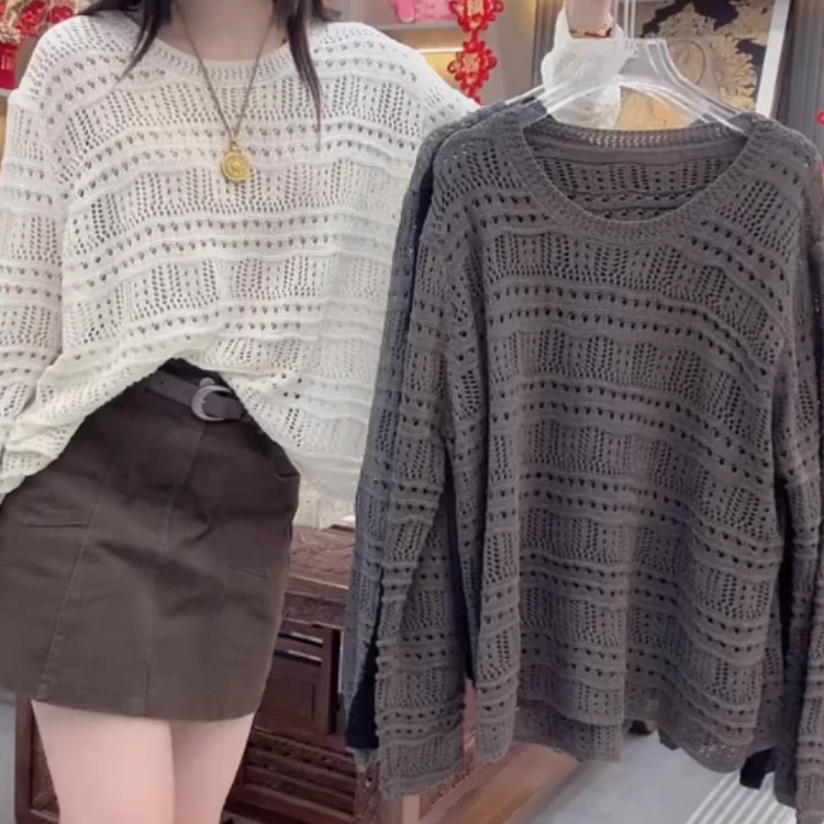 韩系设计感圆领镂空套头针织衫女2025早秋新款休闲百搭上衣