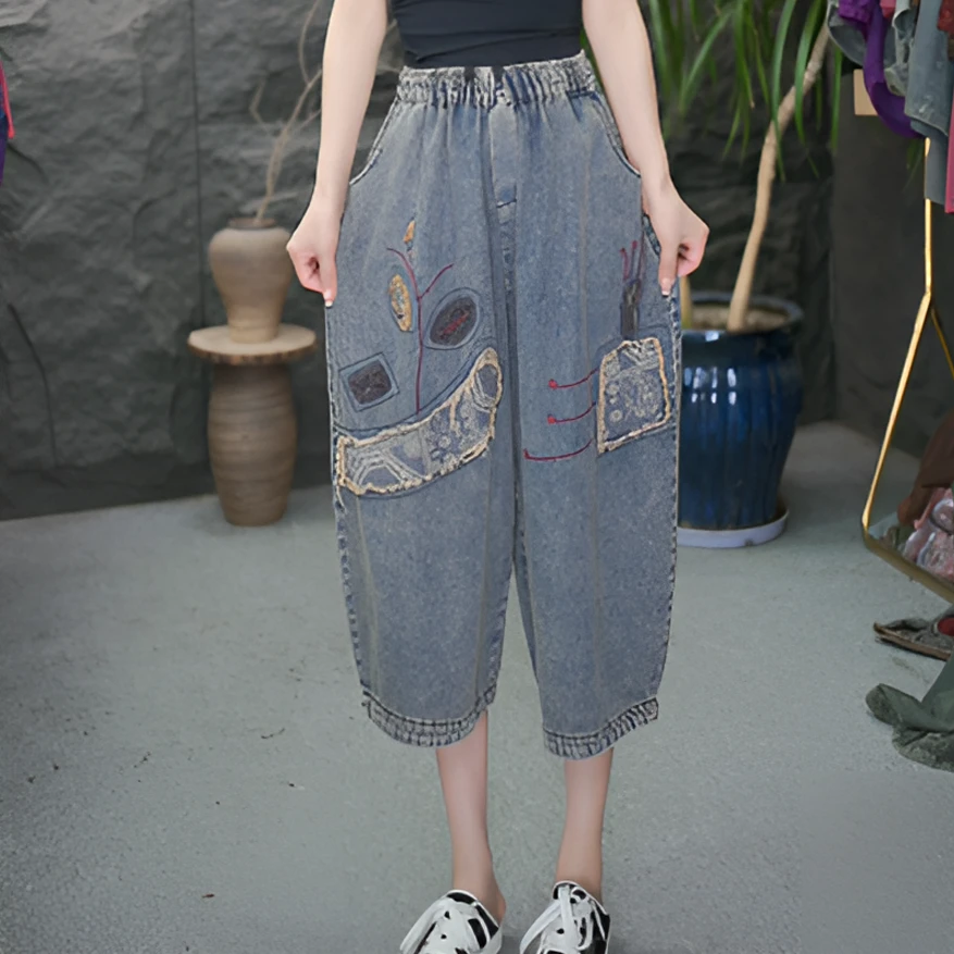 JJ哈伦裤女薄款八分裤自然腰牛仔裤民族风九分灯笼裤复古绣花