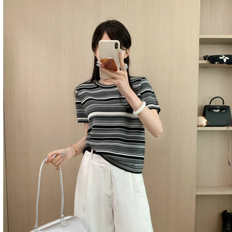 【100%莱赛尔纤维】短袖圆领设计感条纹百搭显瘦休闲天丝夏季时尚