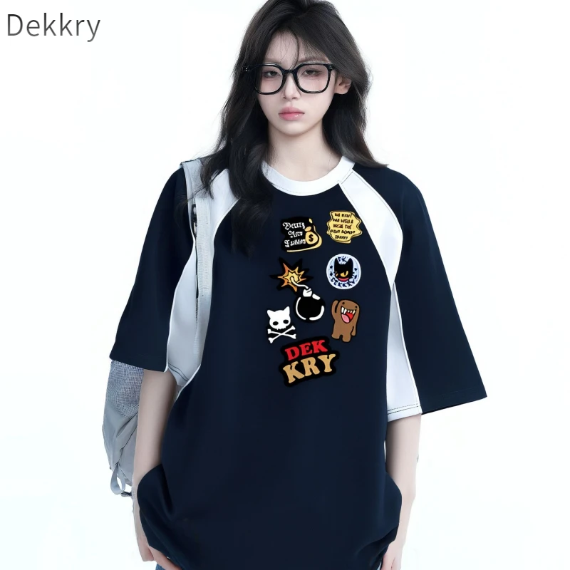 Dekkry创意卡通字母印花短袖T恤男夏季百搭宽松情侣纯棉拼色上衣