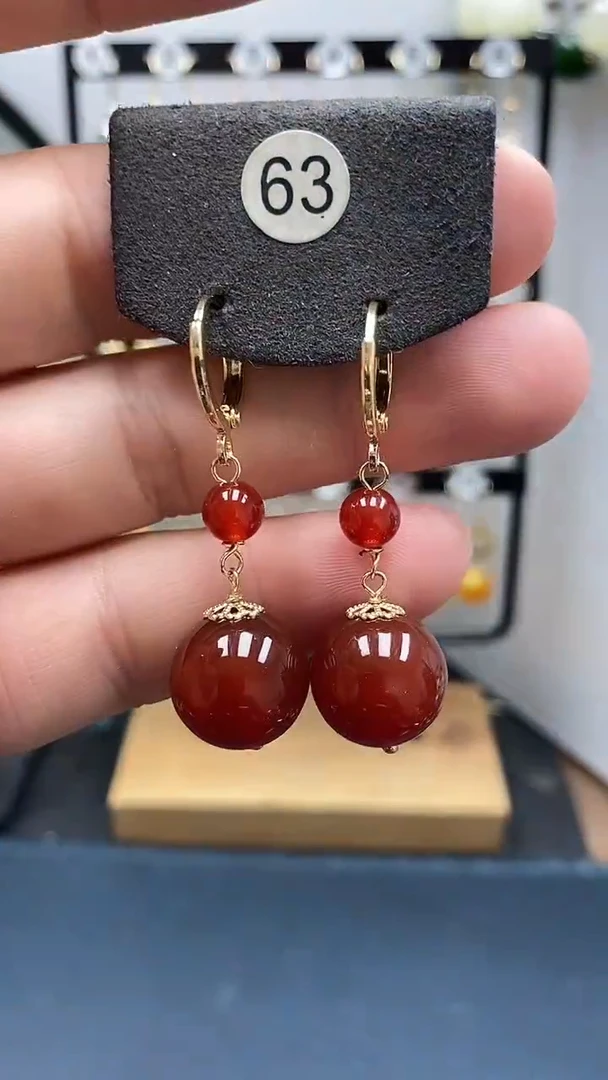 银S925镀金镶嵌南红玛瑙耳饰尺寸14mm连珠耳扣02