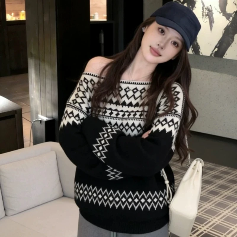 美式复古慵懒风氛围感费尔岛提花针织毛衣女秋冬宽松百搭气质上衣