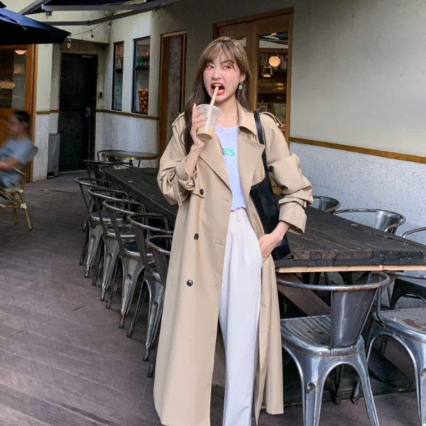 小个子常规收腰风衣春秋显瘦卡其色学院风过膝中长款风衣外套女