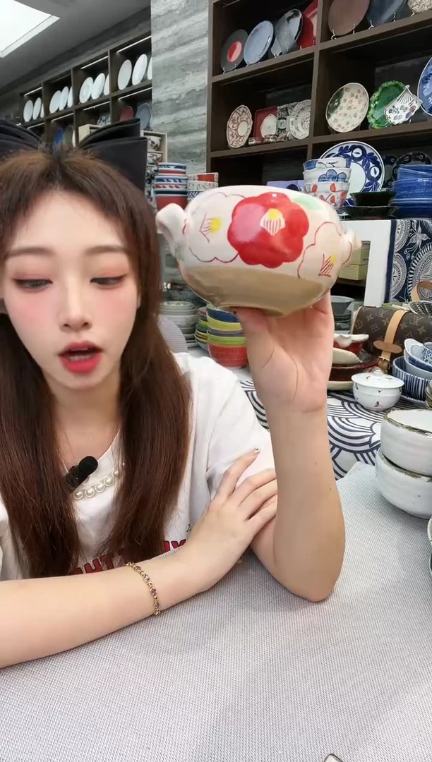 陶濑户烧手绘红花小双耳钵400ml