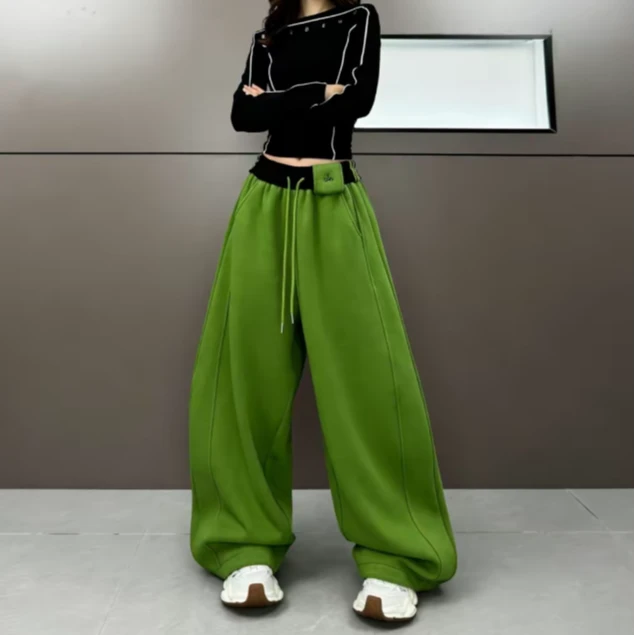 苹果绿弯刀休闲裤子女2025新款秋冬季加绒加厚宽松巨好看阔腿卫裤