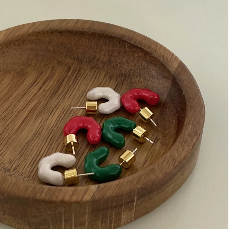 黄铜珐琅耳饰 小众简约C型甜甜圈开口复古夏日时髦彩珐琅百搭耳环