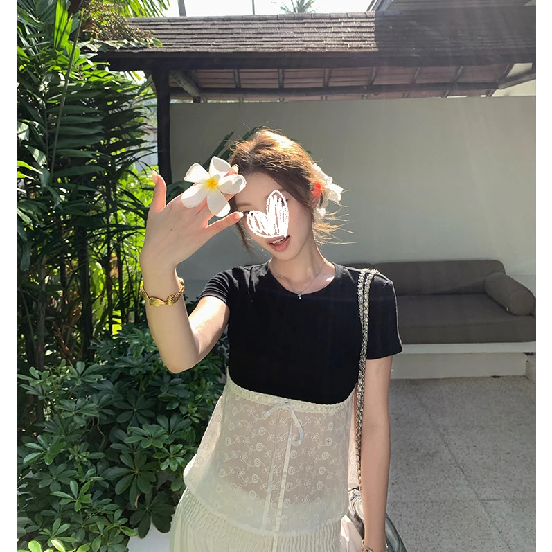 【少女心事】蕾丝拼接修身纯欲蝴蝶结T恤女春夏