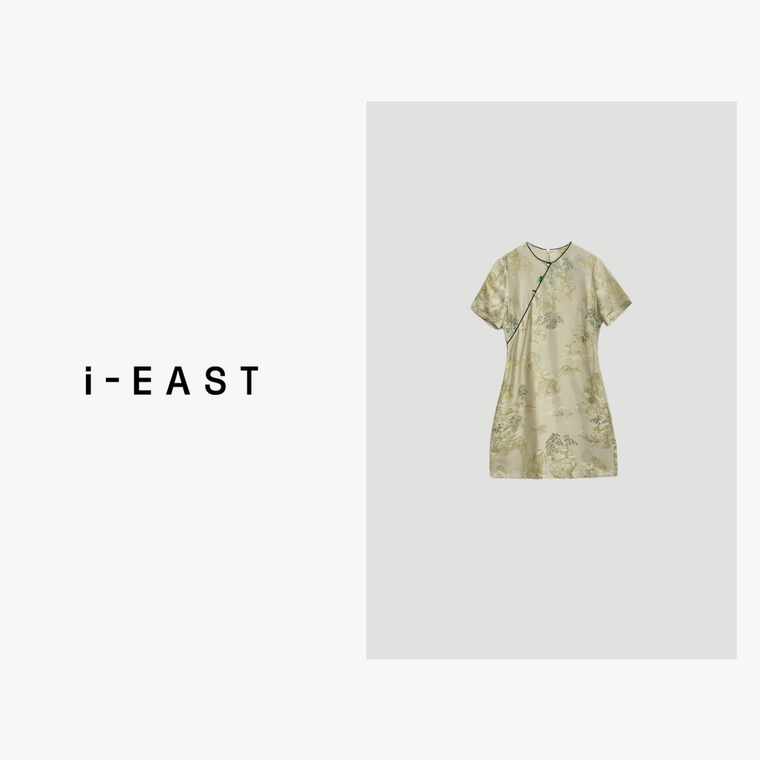 i-EAST 风禾尽起~ 新中式斜襟盘扣山水画提花裙子-4X Q32709