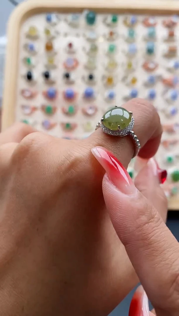 【闪购商品】翡翠戒指银S925镶嵌缅甸天然A货翡翠222 4-9