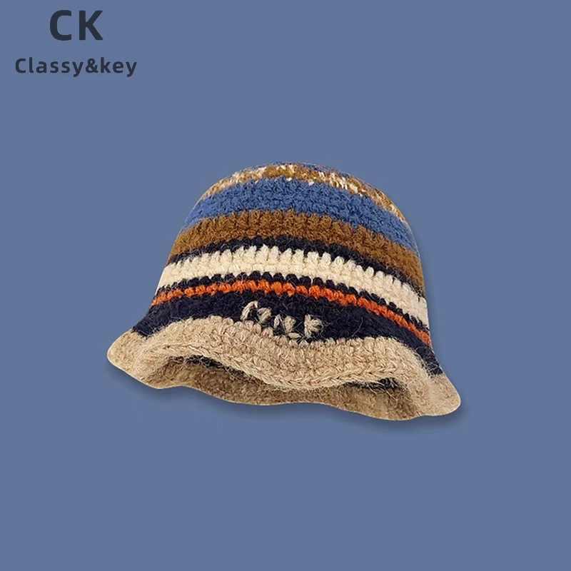 Classy key新加坡设计师联名款保暖撞色条纹钩针渔夫帽秋冬毛线帽