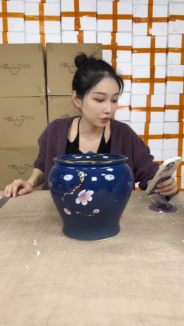 缸型宝石蓝勾花大号19x19