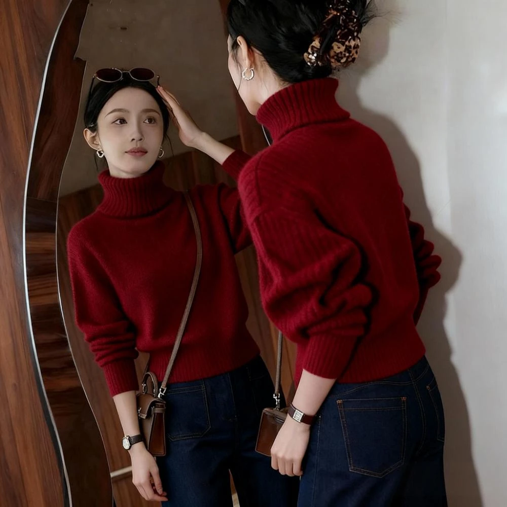 酒红色高领加厚毛衣女2025秋冬穿搭韩版气质高腰短款长袖针织上衣