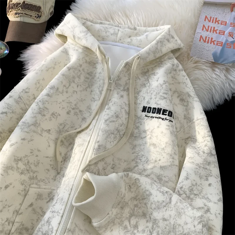 美式潮流重磅扎染脏脏连帽卫衣男春秋季新款宽松百搭大码开衫外套