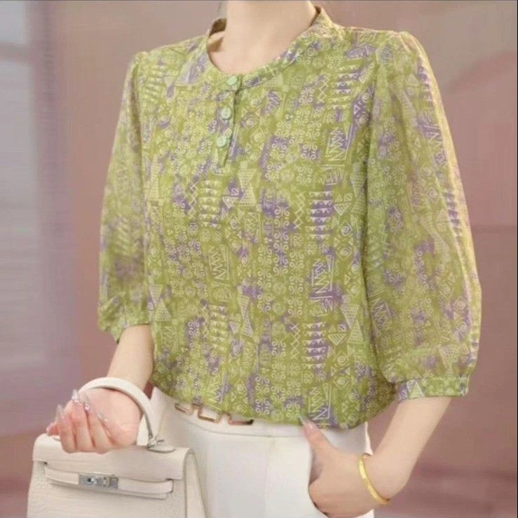 夏季高级新款气质新中式小衫气质套头七分袖上衣时尚外穿富婆衬衫
