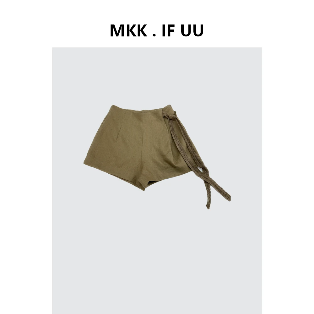 KEKE推荐  潮牌100亚麻极简短裤精致感花边腰带短裤