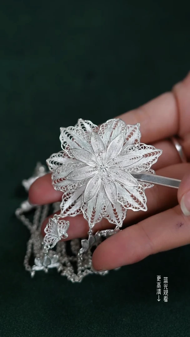 珐琅足银999牡丹花发簪