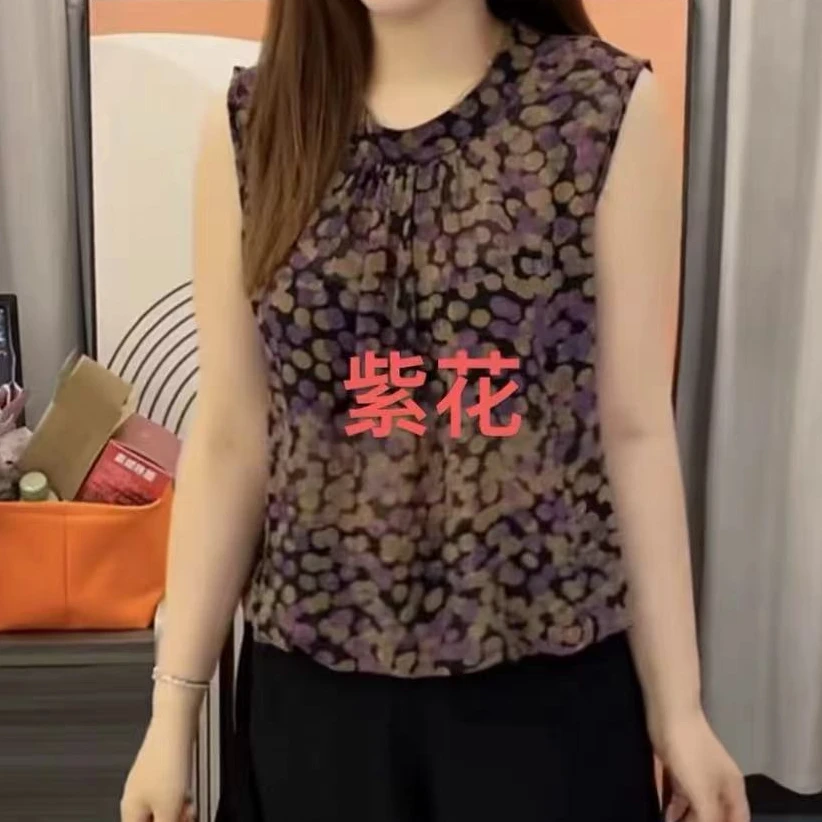 2025夏季新款女砍袖碎花圆领纱衫显瘦
