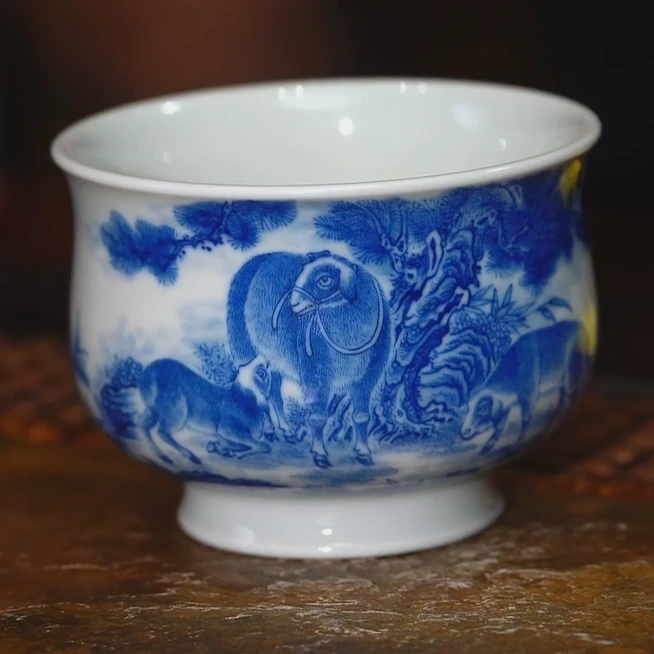 【不晓堂】柴窑青花三阳开泰炉式杯