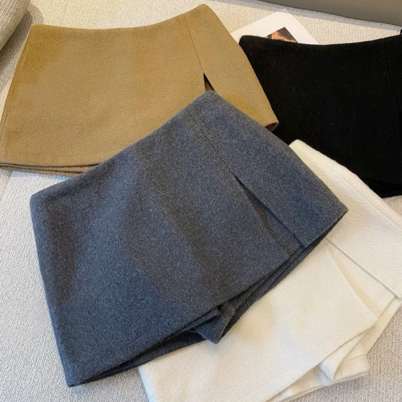 韩系开叉毛呢半身裙女2025秋冬高腰防走光包臀裙a字短裙呢子裤裙