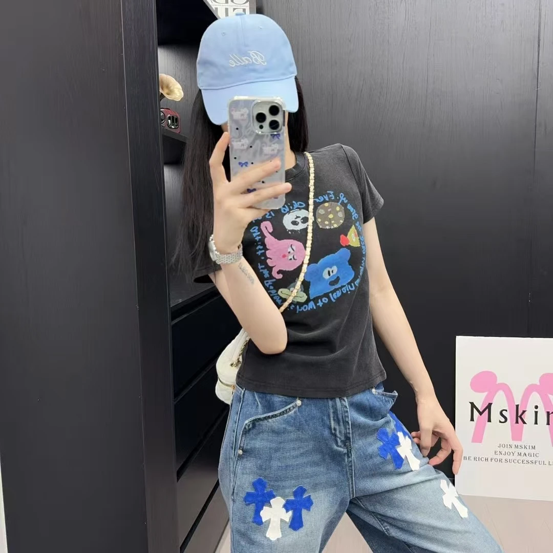 夏季短袖学院风通勤圆领修身型T恤显瘦打底潮牌丁达尔风上衣女款