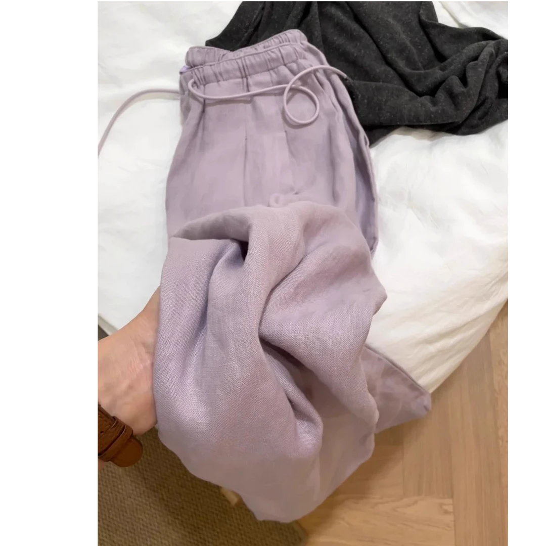 慵懒风棉麻阔腿裤子女夏薄款大码胖妹妹mm高腰宽松显瘦直筒休闲裤