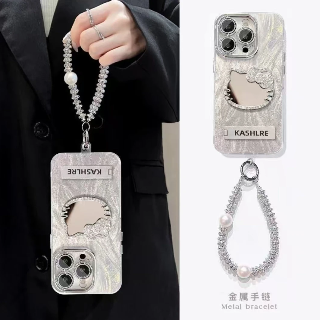 银色精孔羽纱适用于苹果/华为/小米//vivo创意闪钻猫咪镜面手机壳