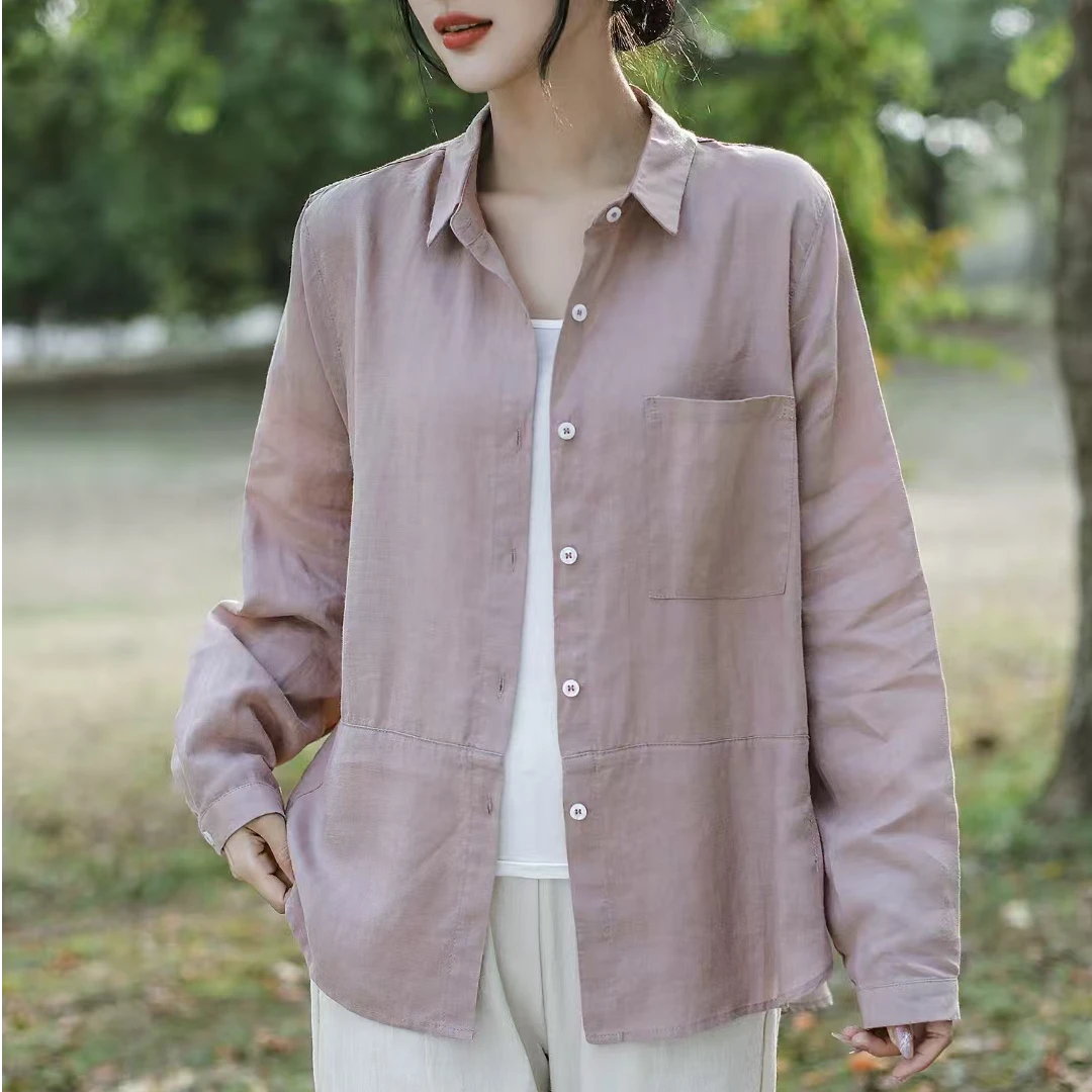 一一家25年春季新款9015苎麻方领口袋衬衫早春文艺拼接设计小衫
