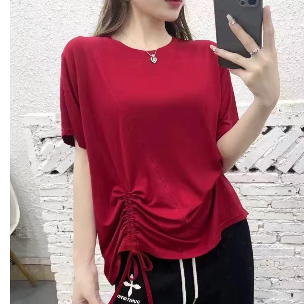 【成姐甄选】女夏季休闲弹力纯色简约小圆领抽绳显瘦百搭短袖