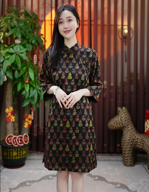 【金禧禧】八宝葫芦香云纱连衣裙J25019A