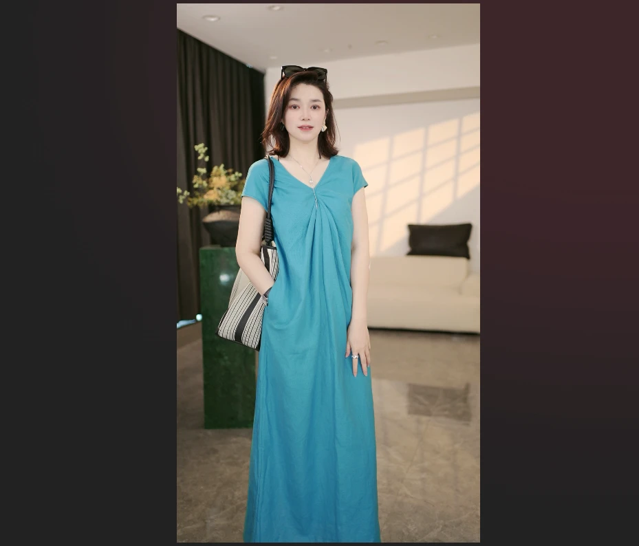 【孔雀开屏】来塞尔亚麻V领褶皱收腰两穿连衣裙258862