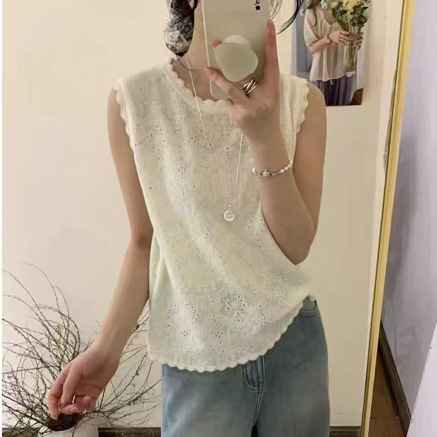 【钩花背心】轻奢浮雕欧根纱混纺韩系简约花边领无袖镂空针织春夏季
