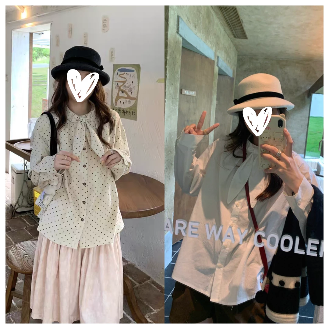 春秋季系带韩版兔耳朵百搭长袖衬衫波点常规款百搭时尚C6545