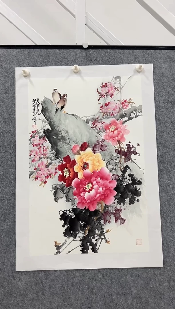 国画李文峰四尺三开花鸟画