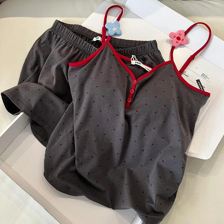 带胸垫吊带睡衣女夏季简约花朵波点印花韩版休闲莫代尔家居服套装