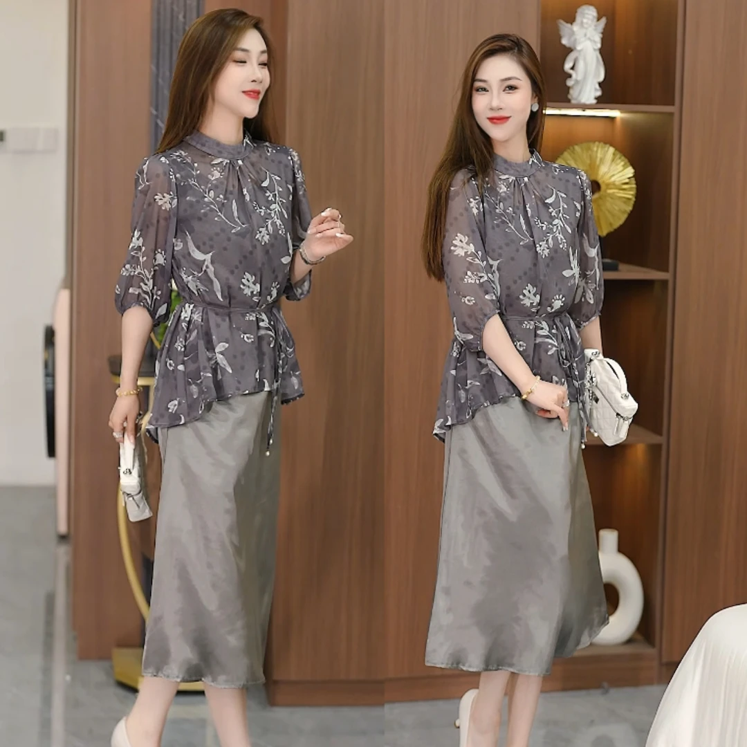 时尚休闲套装女2025夏季新款洋气印花中袖上衣收腰连衣裙两件套
