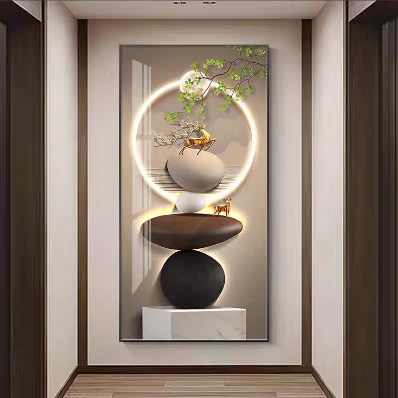 轻奢玄关装饰画玄幻大气高档金鹿走廊过道挂画入户正对门竖版壁画