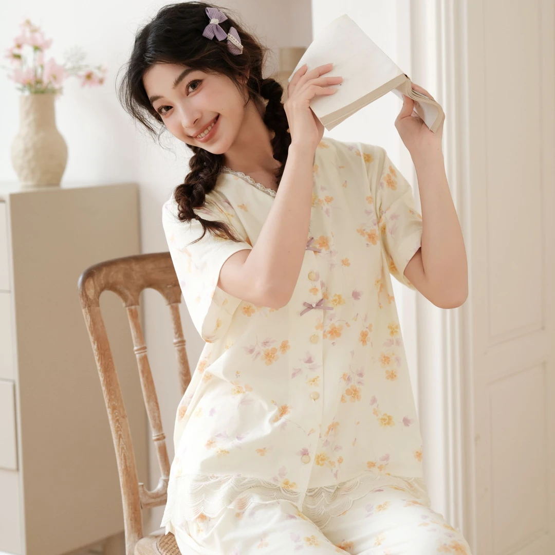 芬腾夏季纯棉睡衣女短袖长裤甜美夏天凉感薄款休闲宽松家居服套装