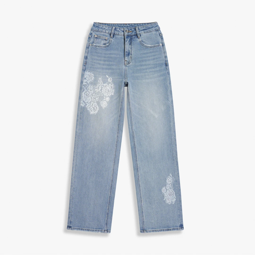 柯比琳2025春季新款重工烫钻蕾丝印花直筒弹力牛仔裤