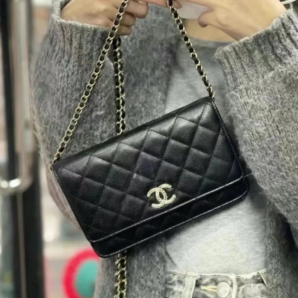 99新 Chanel/香奈儿 3642|香奈儿黑金荔枝皮芯片woc斜挎包23p|香